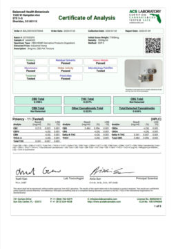 CBDistillery CBD Pet Oil Tincture 150mg - certificate of analysis