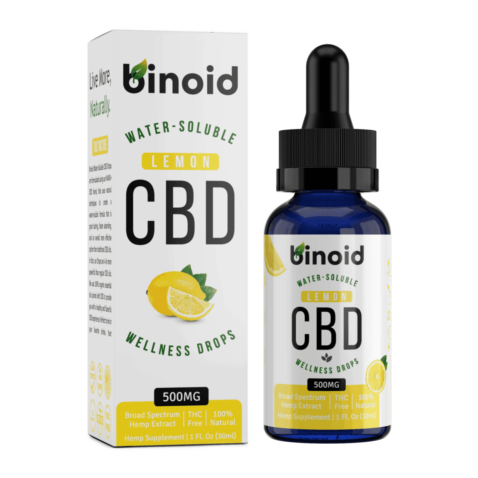 Binoid Water-Soluble CBD Drops - Lemon box and bottle image