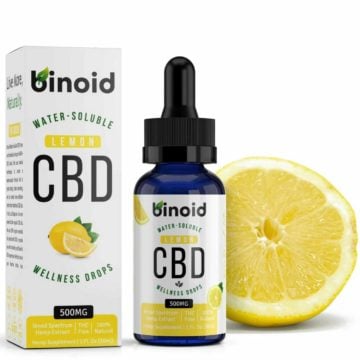 Binoid Water-Soluble CBD Drops - Lemon box and bottle with lemon image