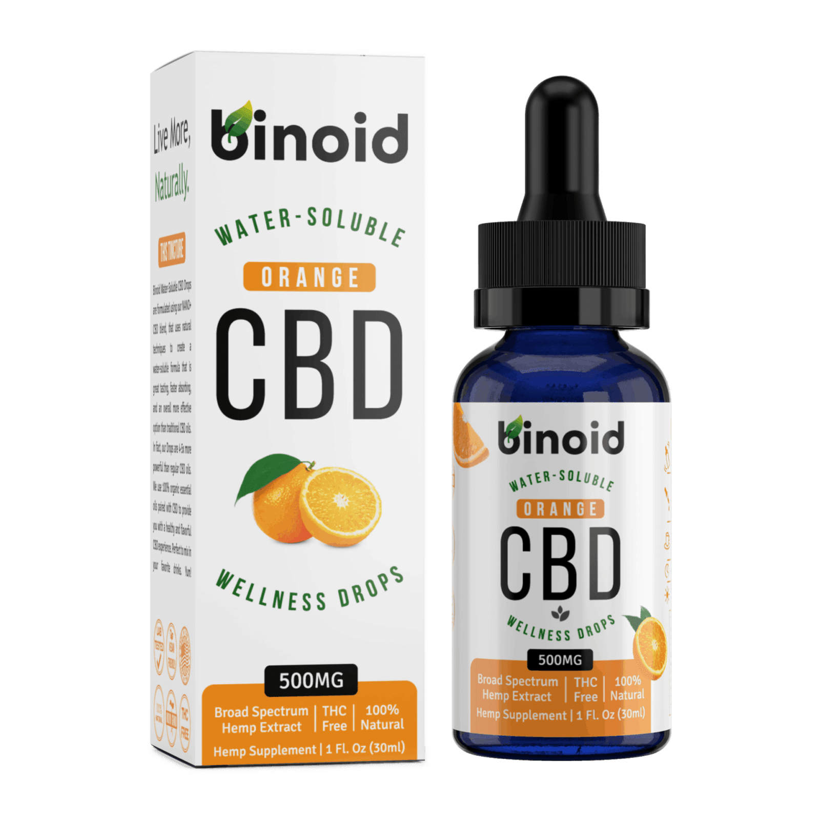 Binoid Water-Soluble CBD Drops-Orange bottle and box front image