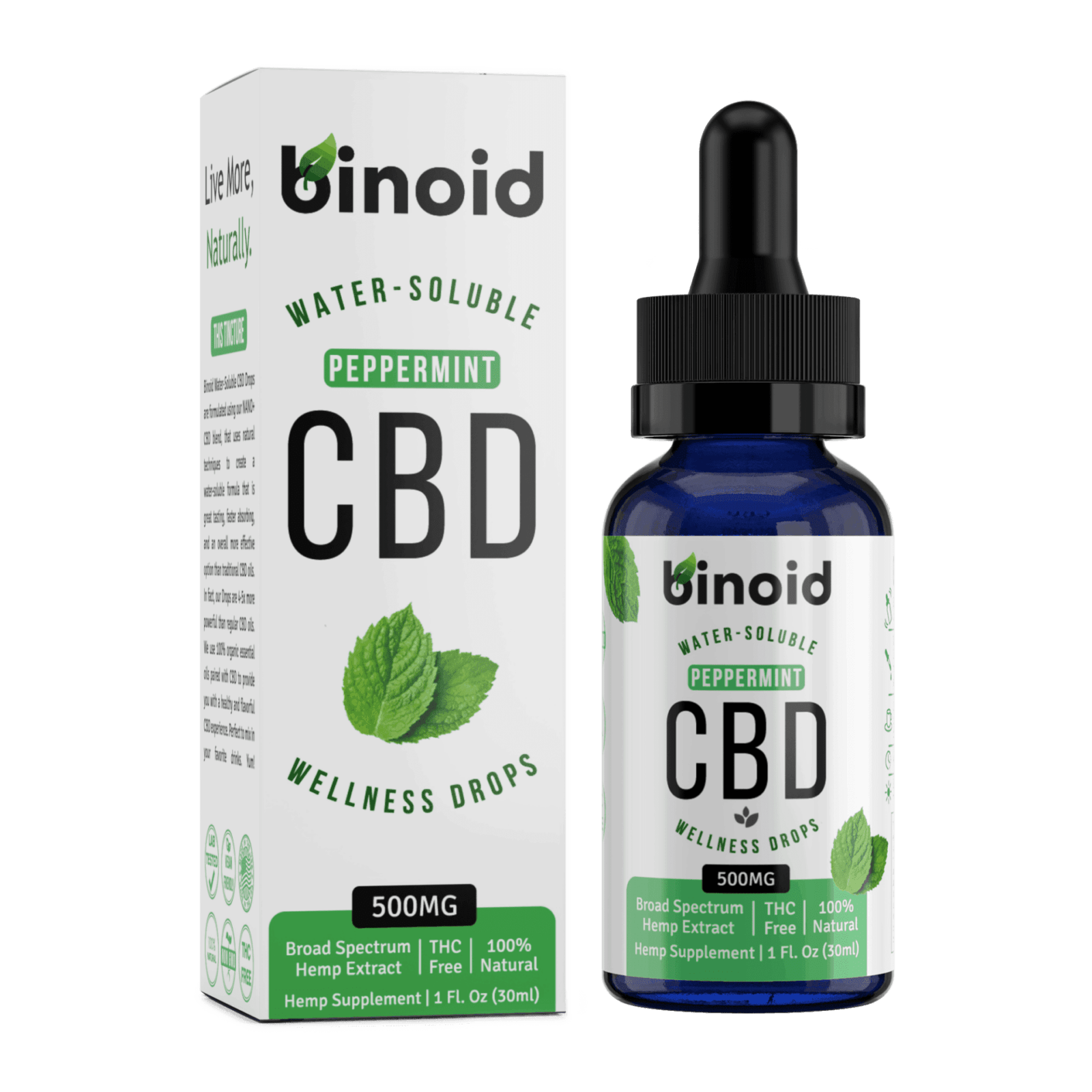 Binoid Water-Soluble CBD Drops-Peppermint box and bottle