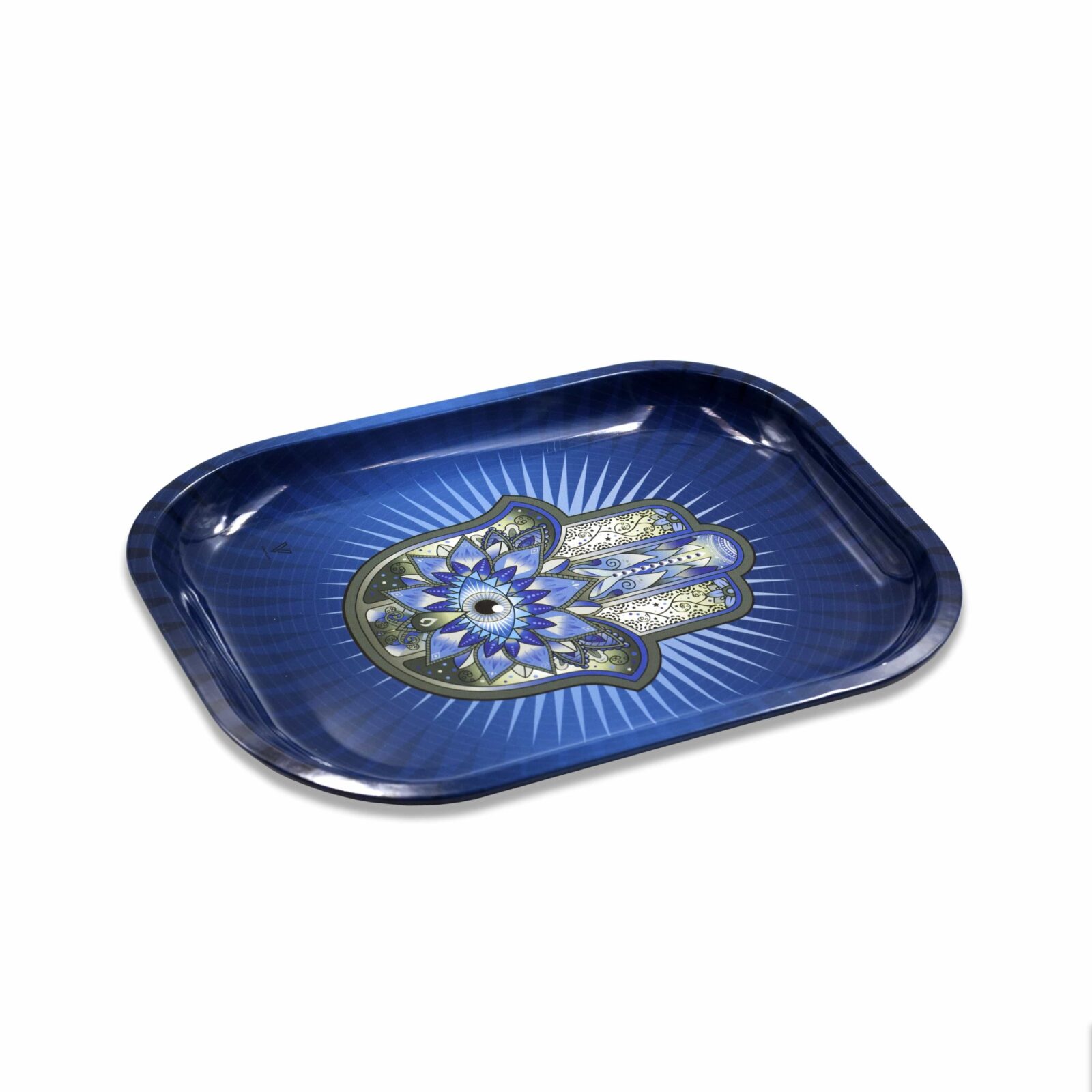 blue hamsa turquoise square rolling tray side image