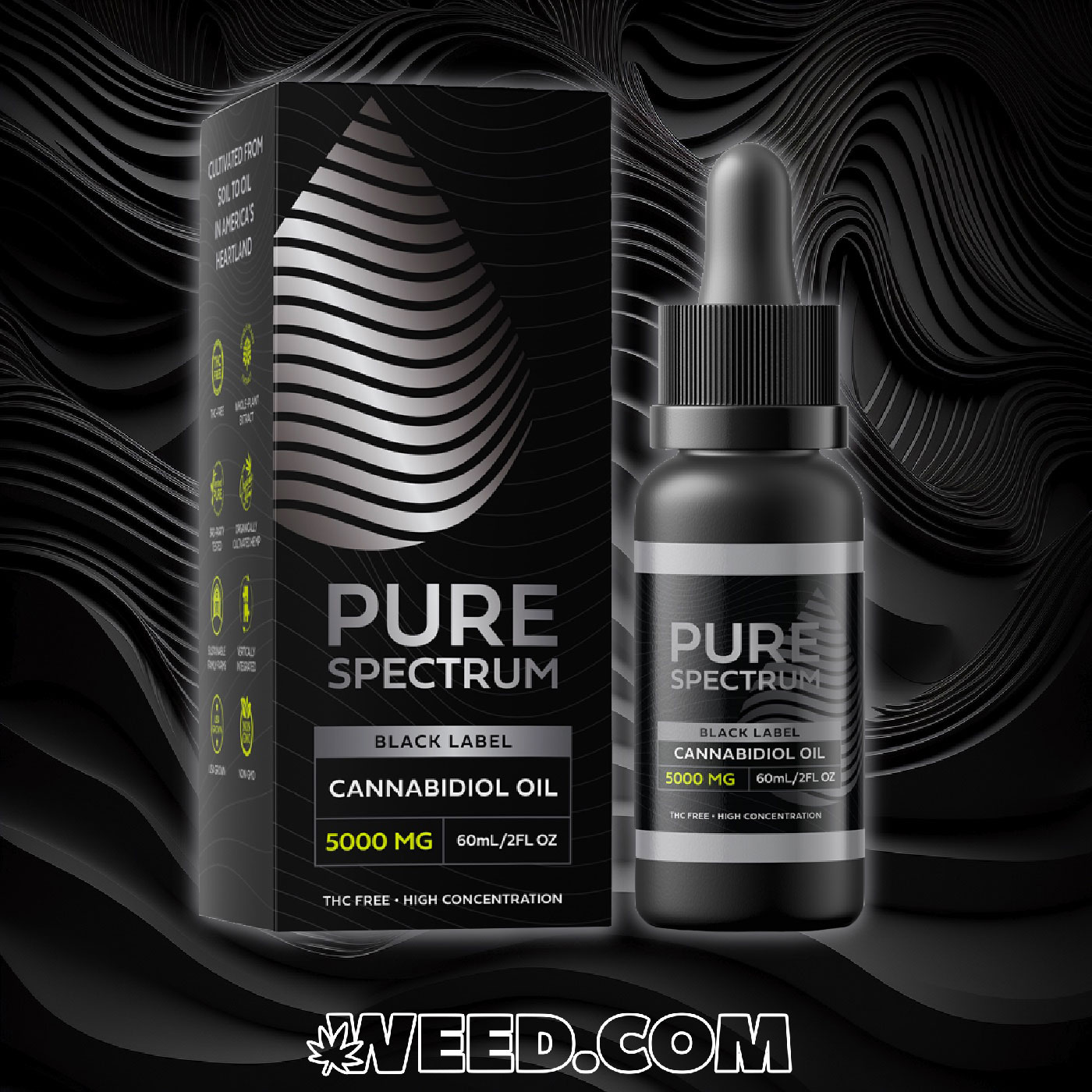 CBD 5000mg Tincture Black Label Pure Spectrum on Black Waves Background with Weed.com Logo