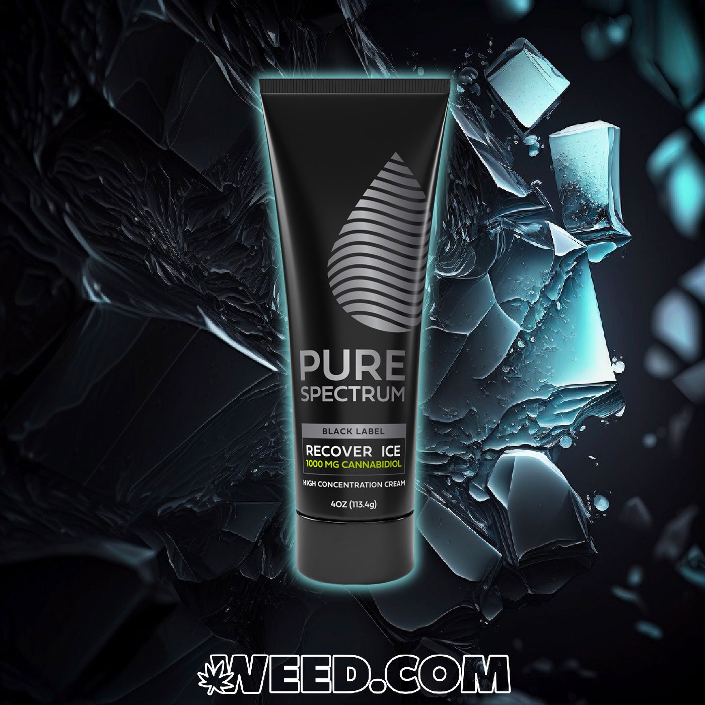 CBD Cream High Concentration on Black Ice Background with Weed.com Logo
