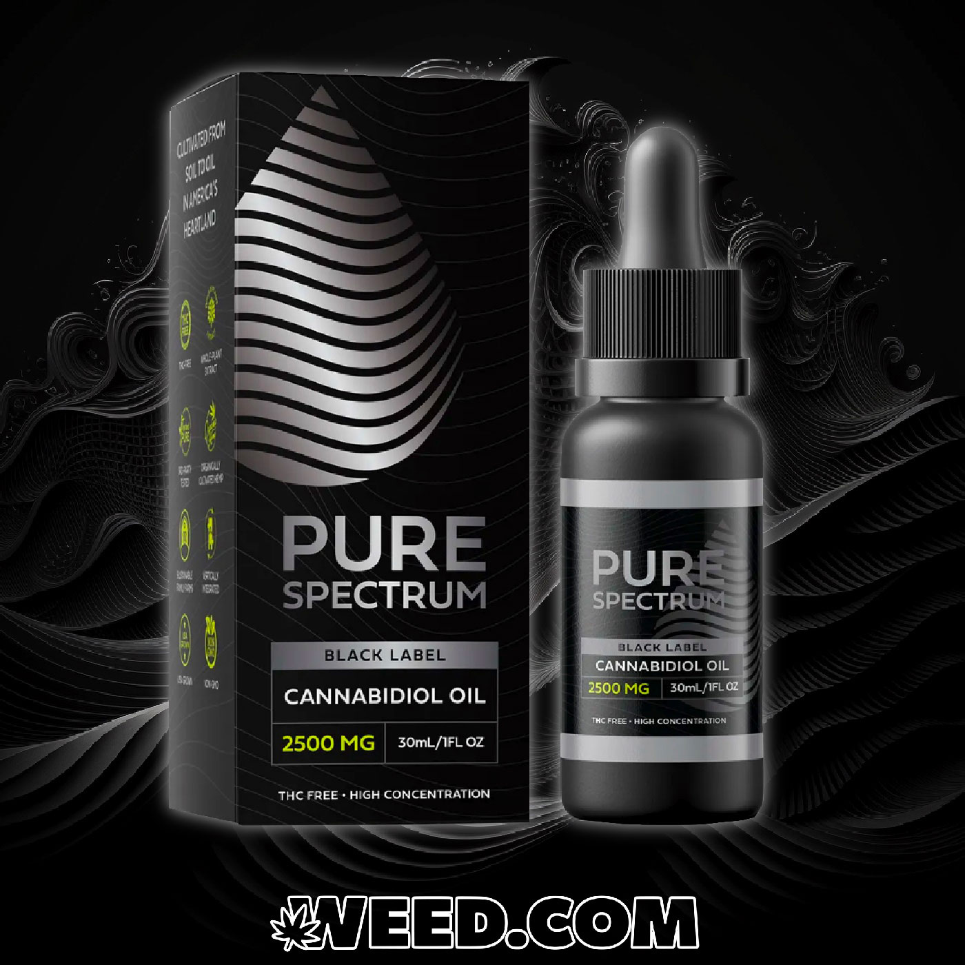 CBD Oil 2500mg Pure Spectrum on Black Waves Background with Weed.com Logo