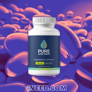 CBD Softgels pure Spectrum on Purple bubble Background with Logo Weed.com
