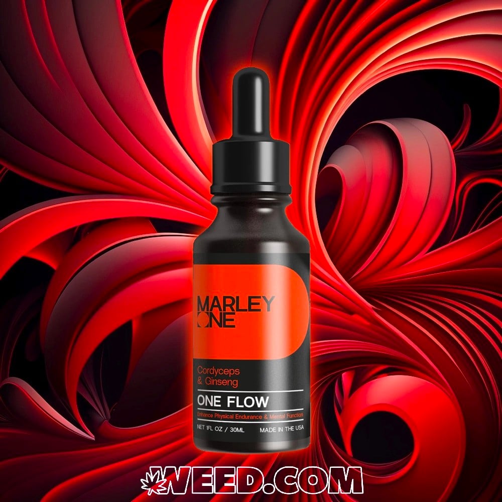 Marley One Mushroom Tincture One Flow on Red Abstract Background