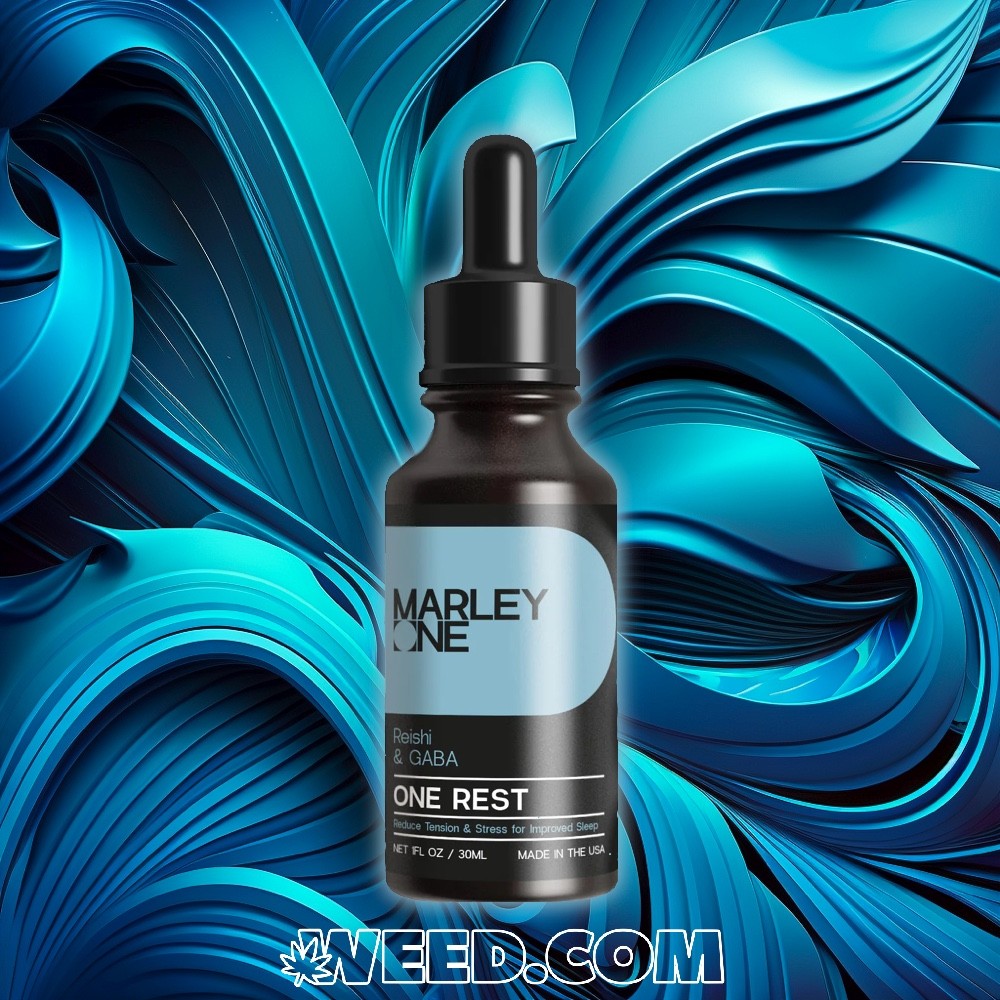 Marley One Rest Mushroom Tincture on Blue Abstract Background