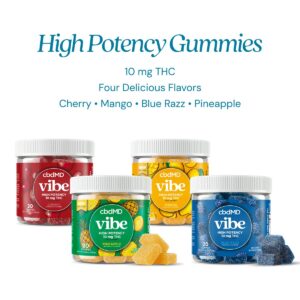 cbdMD Delta 9 THC Gummies 4 Vibe Cherry Blue Razz Mango Pineapple gummies 01