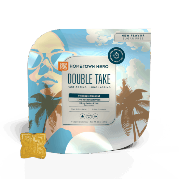 bag of gummies and yellow gummy in front