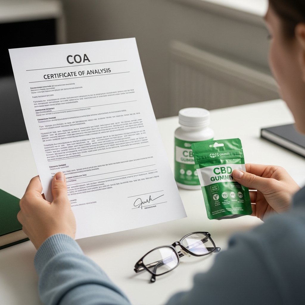 Best CBD Gummies for Sleep: A Complete Guide 3 Person examining a CBD product lab Certificate of Analysis document alongside a gummy package on a desk