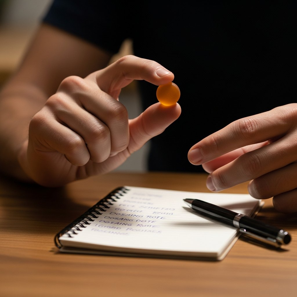 Best CBD Gummies for Sleep: A Complete Guide 2 Adult hand holding a single CBD gummy next to a dosage notebook on a wooden table in warm lighting