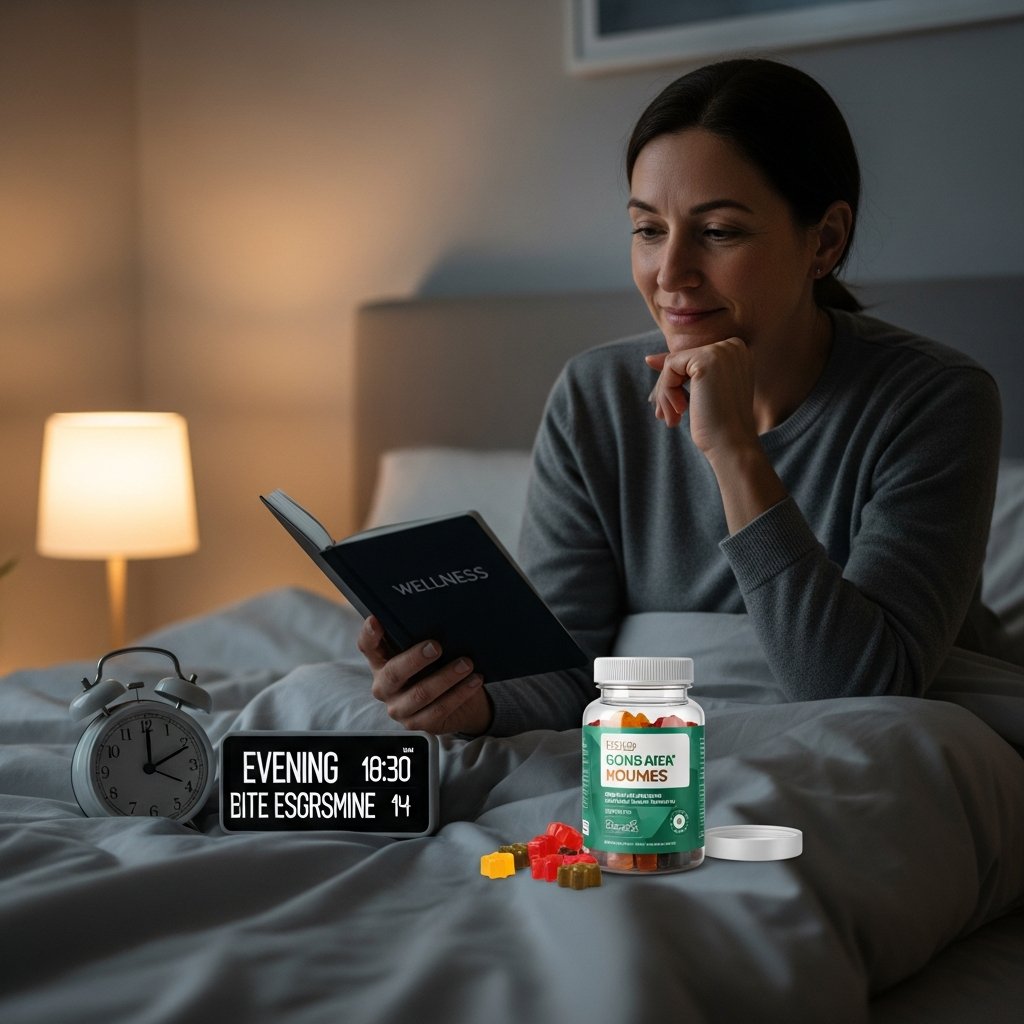 Best CBD Gummies for Sleep: A Complete Guide 4 Adult sitting in bed reviewing a wellness journal beside CBD gummies as part of a consistent nightly sleep routine