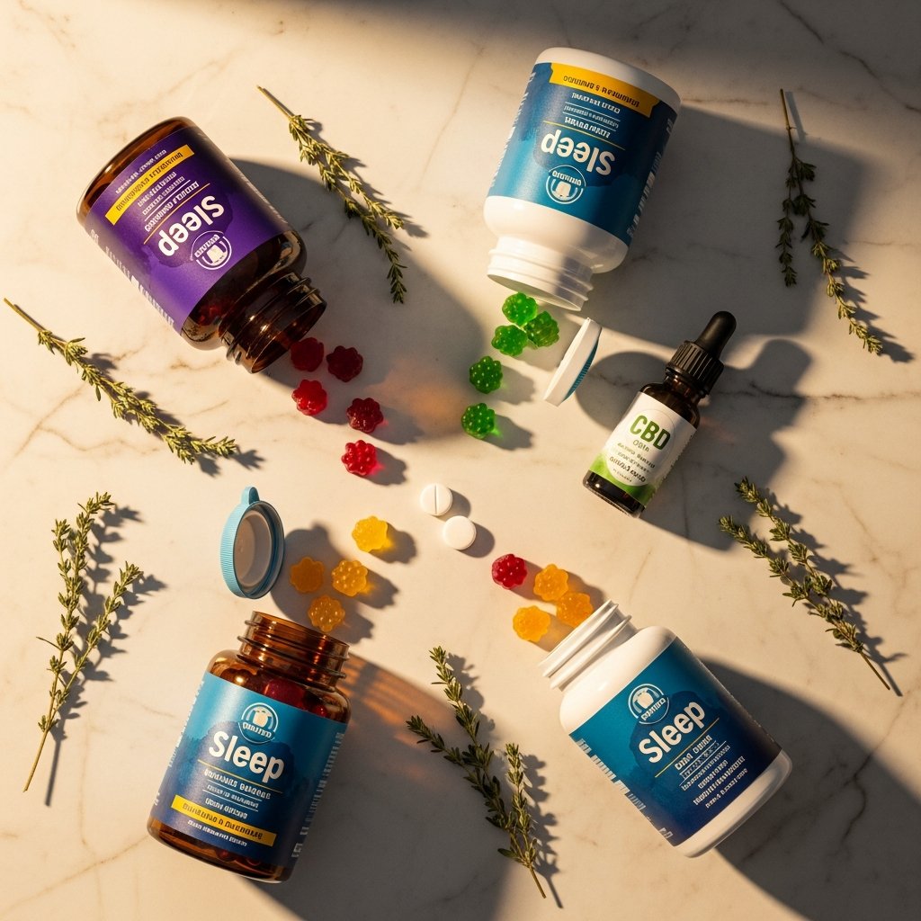 Assorted sleep gummies and supplement ingredients including CBD oil and melatonin on a marble surface.