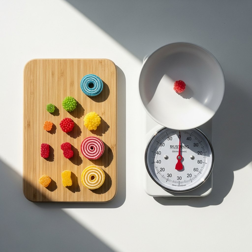 Gummy candies arranged by size next to a small kitchen scale, representing varying THC dosage amounts for sleep.