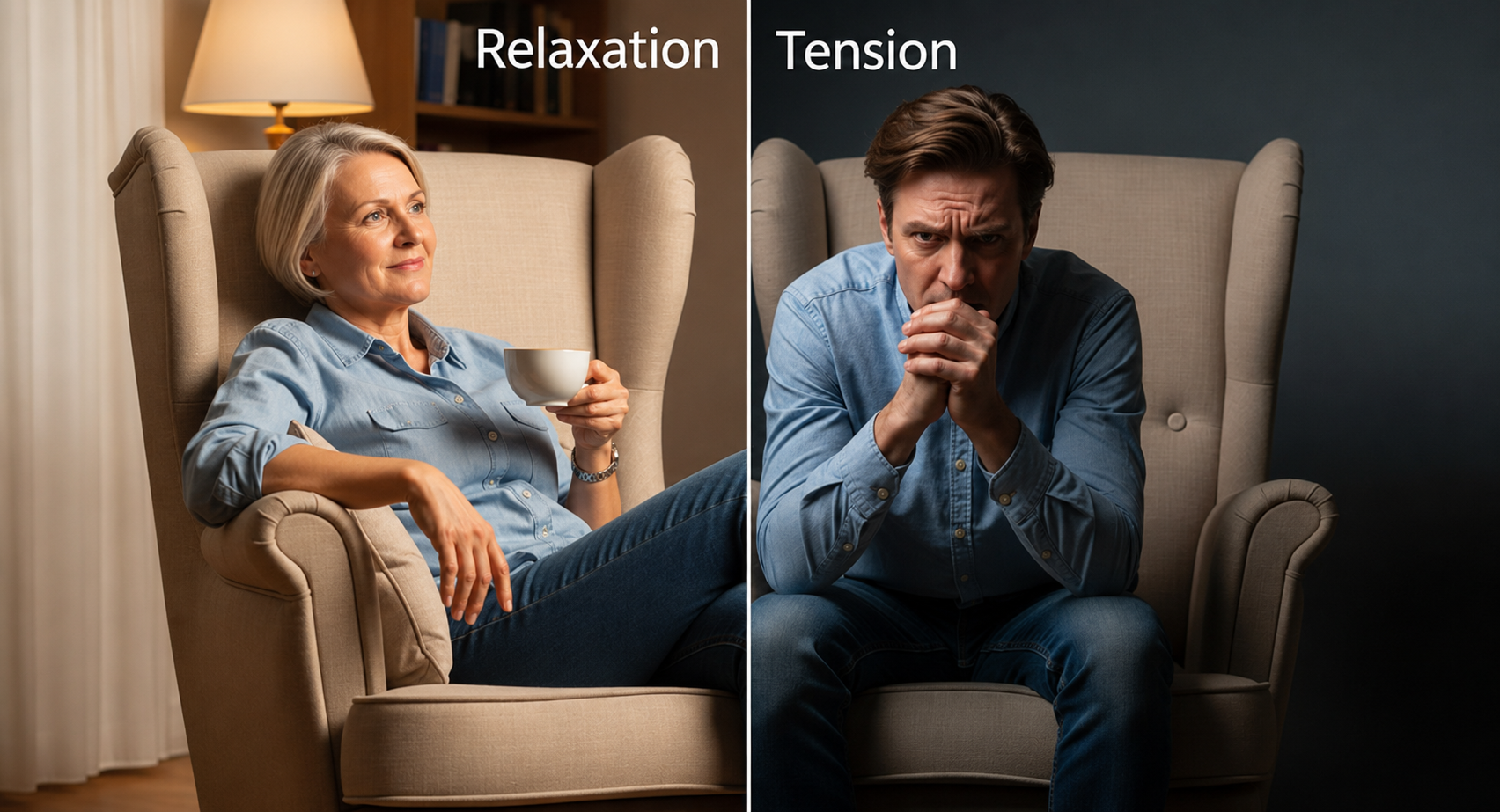 Best THC Carts for Anxiety: Calm Without the Paranoia 6 Split lighting scene showing contrasting calm and tense moods in the same living room armchair