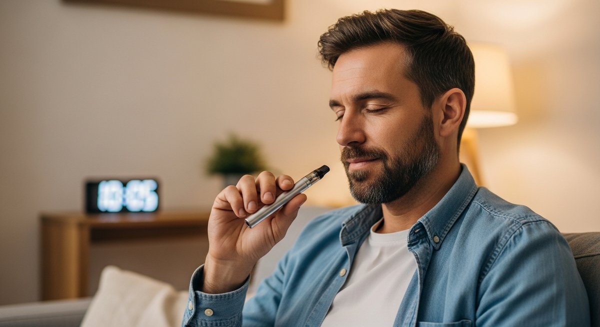 Full-Spectrum vs Broad-Spectrum Vapes for Pain 15 Adult man using a cannabis vape pen on a sofa in a warm living room suggesting fast-acting pain relief