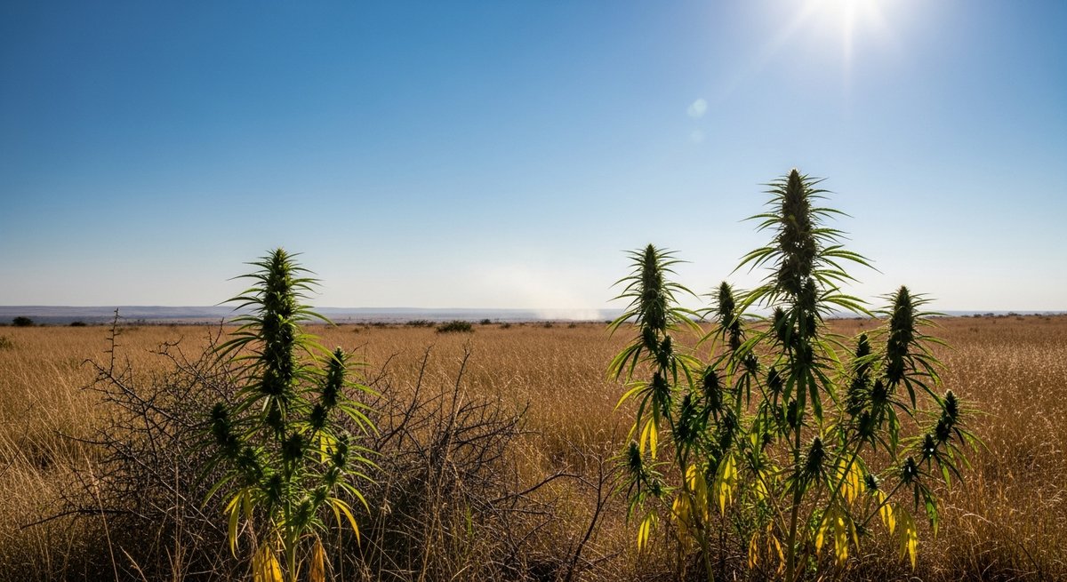 Sunlit African savanna landscape with tall sativa-type cannabis plants growing naturally among golden grass in midday heat