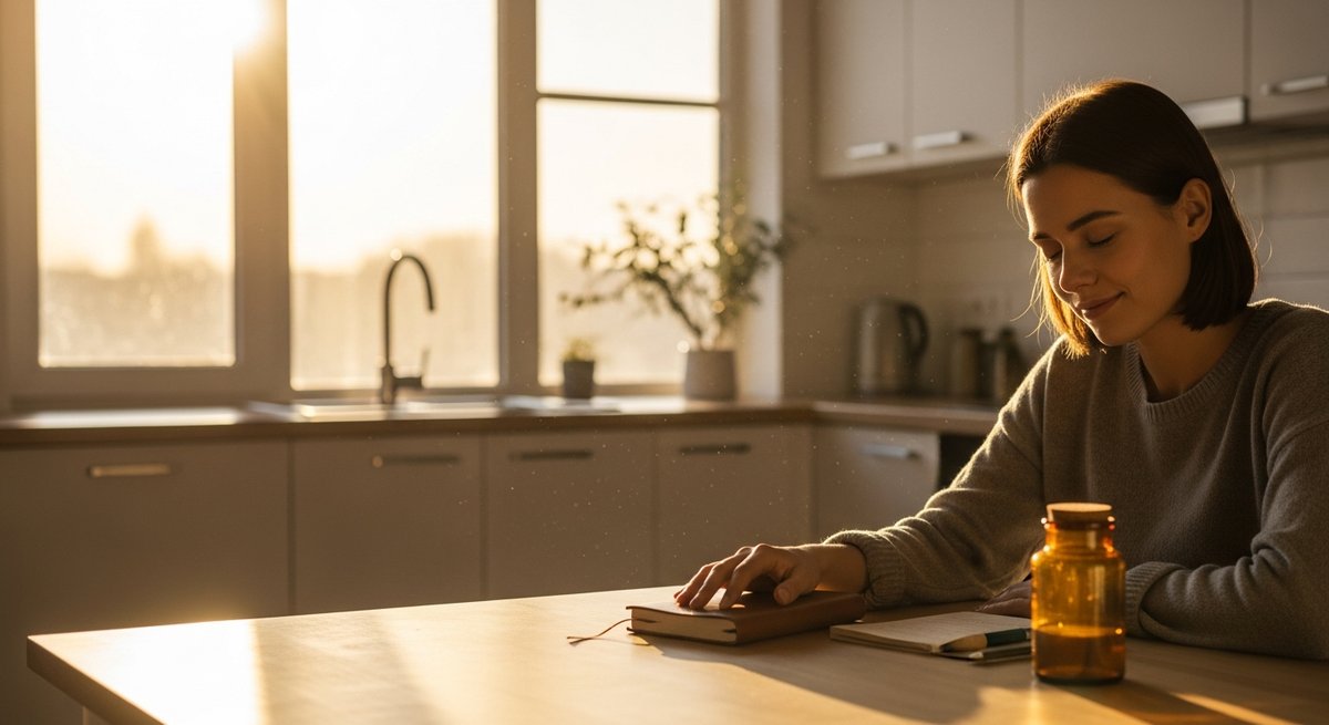 Can THC Gummies Help You Focus? What the Science Says 17 Young woman sitting calmly at a sunlit kitchen table with journal and small amber jar, eyes closed
