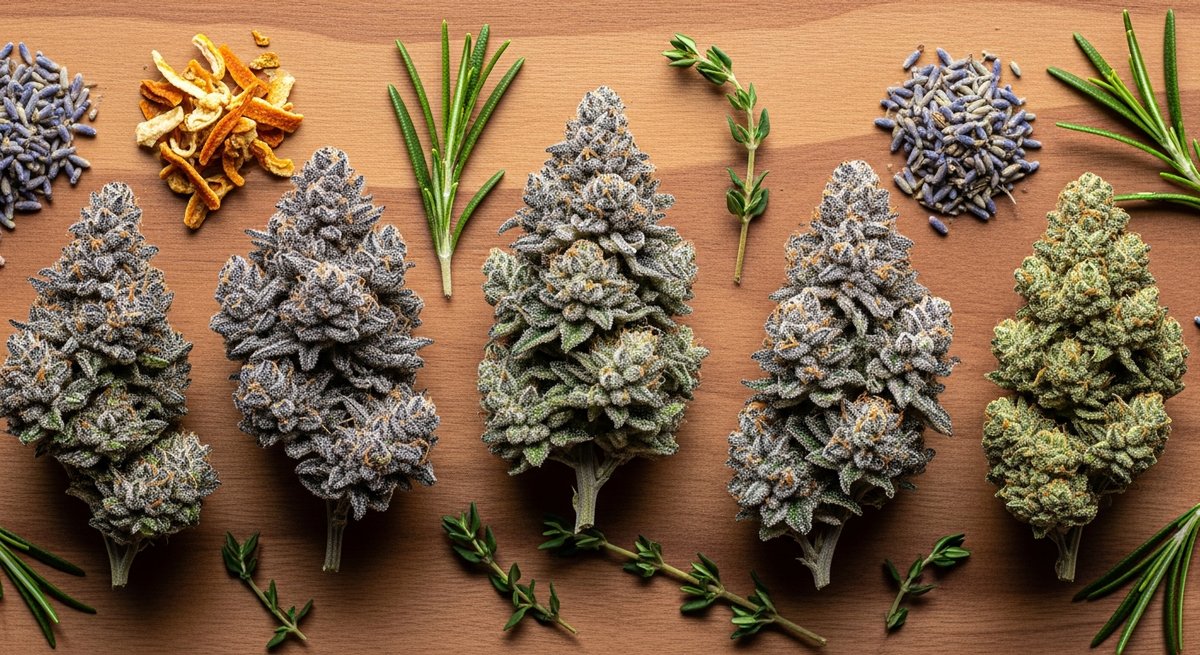 Best Vapes for Anxiety Relief: Calm Strains and Products 16 Assorted cannabis flower buds in green and purple tones arranged on a wood surface showing strain variety.