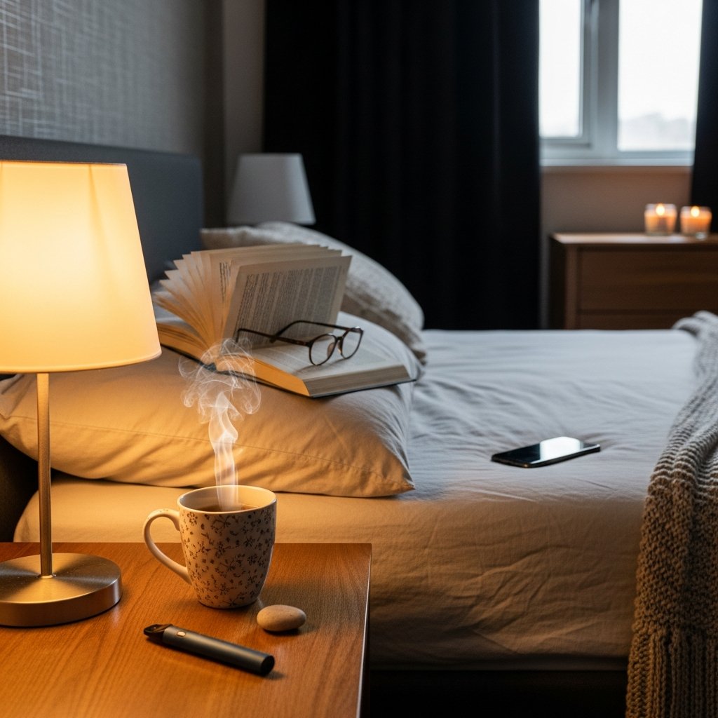 How to Vape Before Bed Without Disrupting Your Sleep 17 Adult bedtime wind-down routine with herbal tea, book, and vape pen as part of a holistic sleep hygiene setup