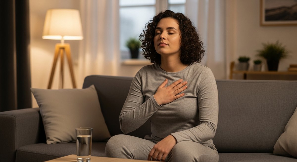 Can Delta-9 Gummies Make Anxiety Worse? What to Know 12 Person practicing calm breathing on a couch with a glass of water nearby, illustrating grounding techniques during anxiety.