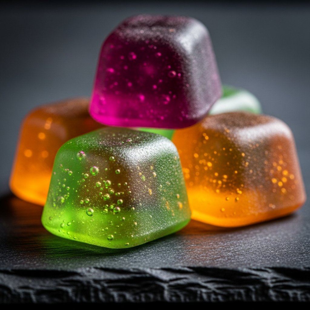 Best CBD Gummies for Sleep: A Complete Guide 10 Macro shot of assorted colorful CBD and cannabinoid gummies on a dark slate surface illustrating cannabinoid combinations.