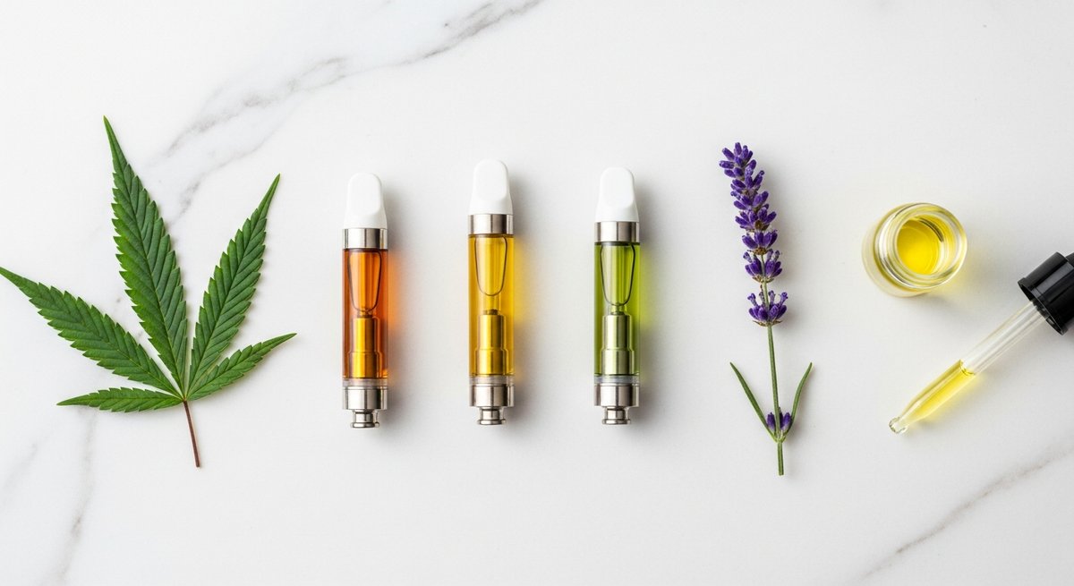 Best THC Carts for Anxiety: Calm Without the Paranoia 7 Three vape cartridges with different cannabinoid oil colors on marble, surrounded by hemp leaf and botanical elements.