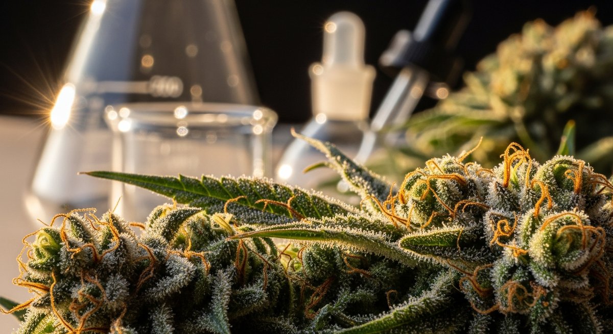 What is a Cannabis Strain? 12 Macro close-up of cannabis trichomes on a flower bud with laboratory glassware in the soft background