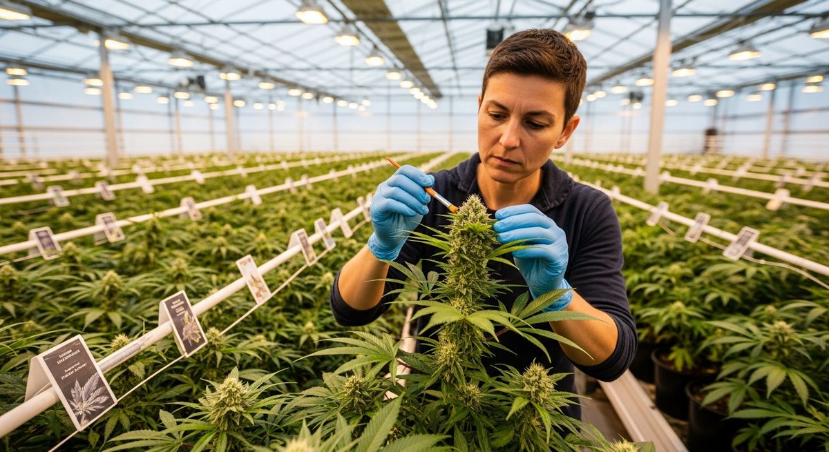 What is a Hybrid Strain? 12 Adult cannabis breeder hand-pollinating plants in a professional greenhouse with rows of labeled cannabis varieties