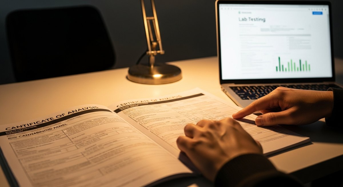 Why Some Carts Make Anxiety Worse (And How to Avoid It) 15 Person reviewing a cannabis certificate of analysis document at a desk with a laptop showing lab results