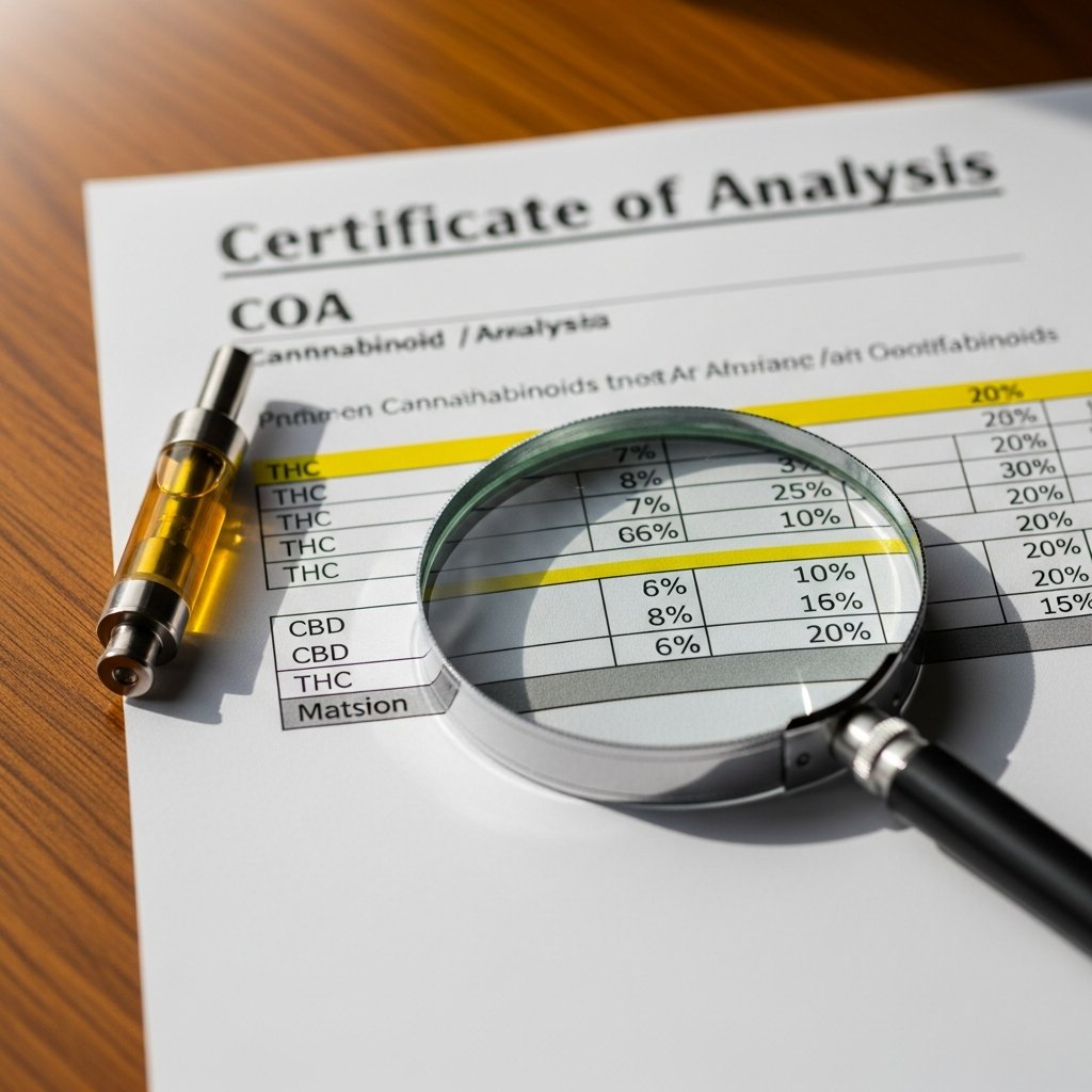 Best Carts for Sleep: Top Picks for a Better Night 10 Lab report with cannabinoid percentages and a vape cartridge on a desk, illustrating how to read cannabis product profiles.