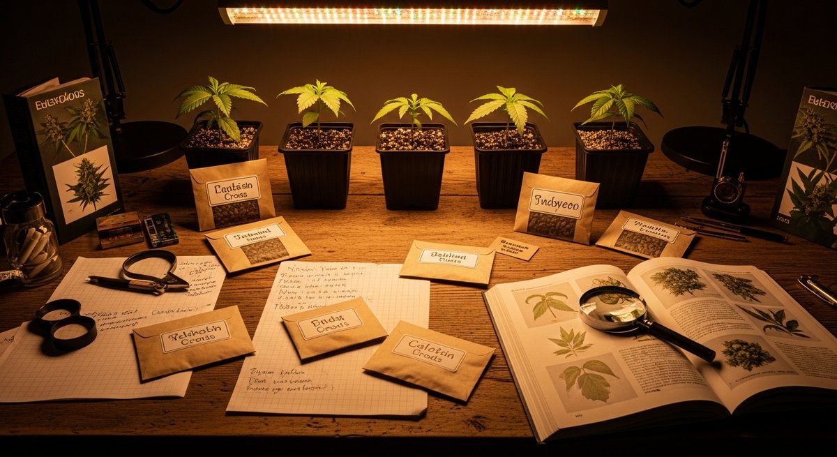 What is a Cannabis Strain? 13 Cannabis breeder's worktable with seedlings, labeled seed envelopes, and handwritten notes in warm studio light
