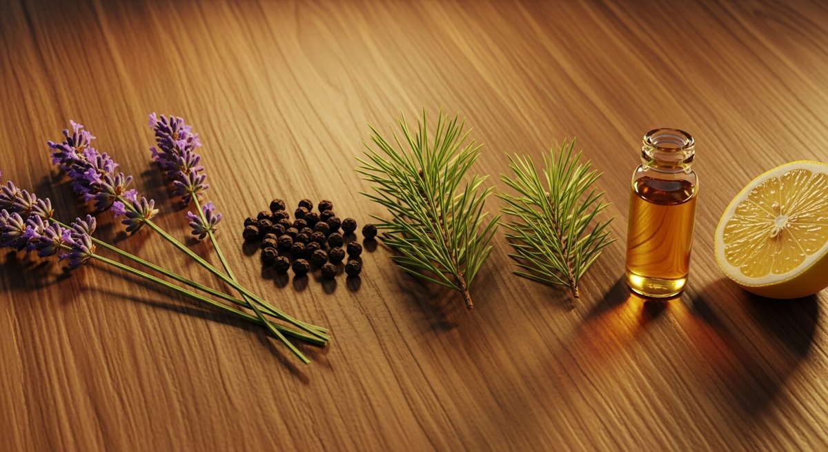 Why Some Carts Make Anxiety Worse (And How to Avoid It) 12 Flat-lay of terpene-associated botanicals including lavender, black pepper, pine, and lemon on natural wood