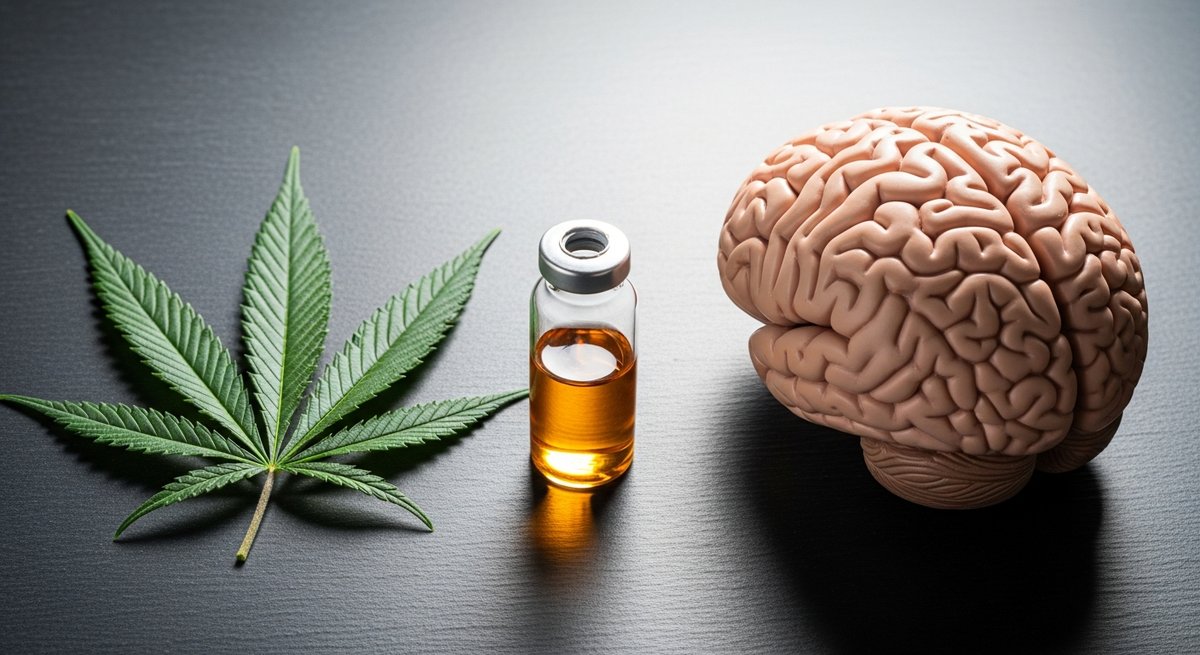 Best Vapes for Focus and Concentration 13 Cannabis leaf, amber oil vial, and brain model on slate surface illustrating cannabinoids and brain chemistry
