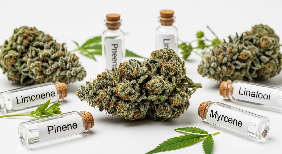 Social Anxiety and Vaping: What Products Actually Help 18 Macro view of cannabis buds with trichomes beside labeled terpene vials on a botanical research surface