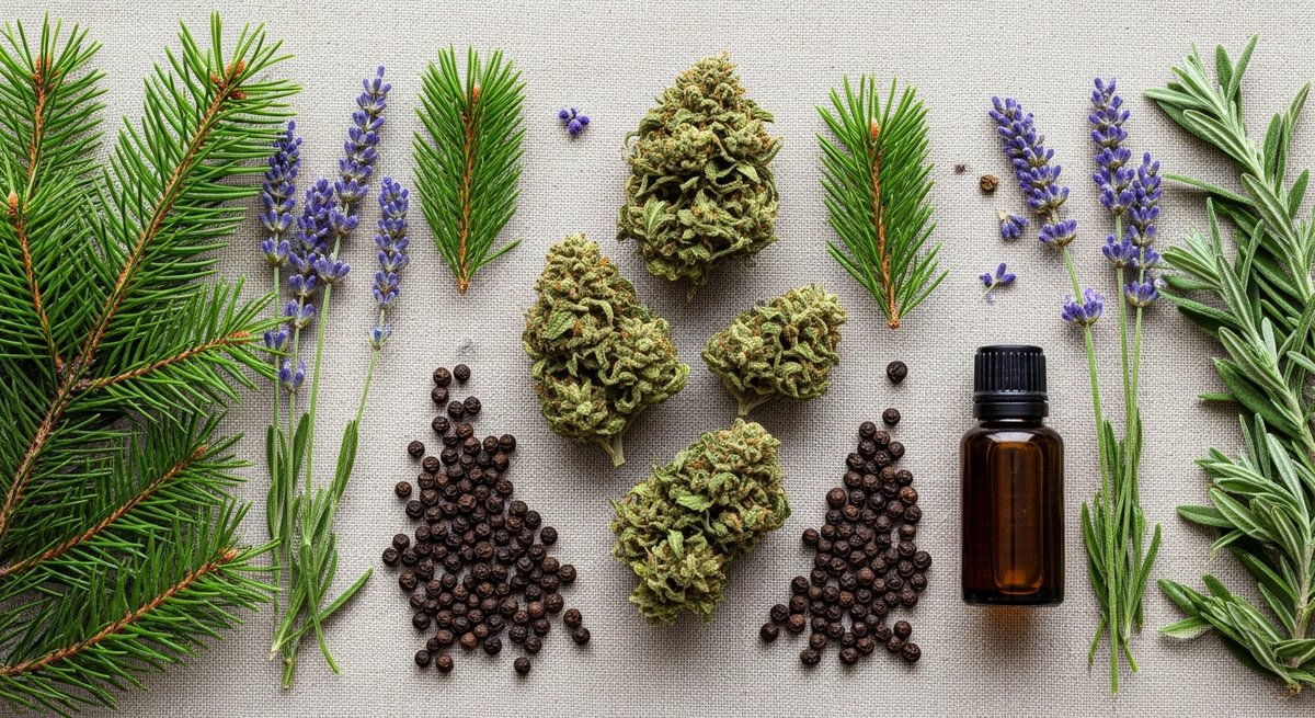 Best Vapes for Focus and Concentration 17 Pine needles, peppercorns, lavender, and cannabis buds flat lay representing terpene profiles for focus
