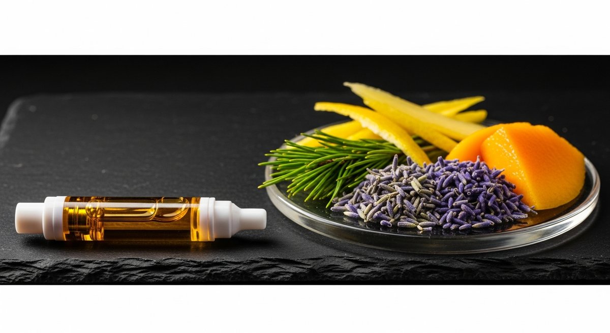 Sativa vs Indica Carts for Anxiety: What's Better? 12 Cannabis vape cartridge with amber oil beside aromatic botanicals representing terpene profiles on dark slate
