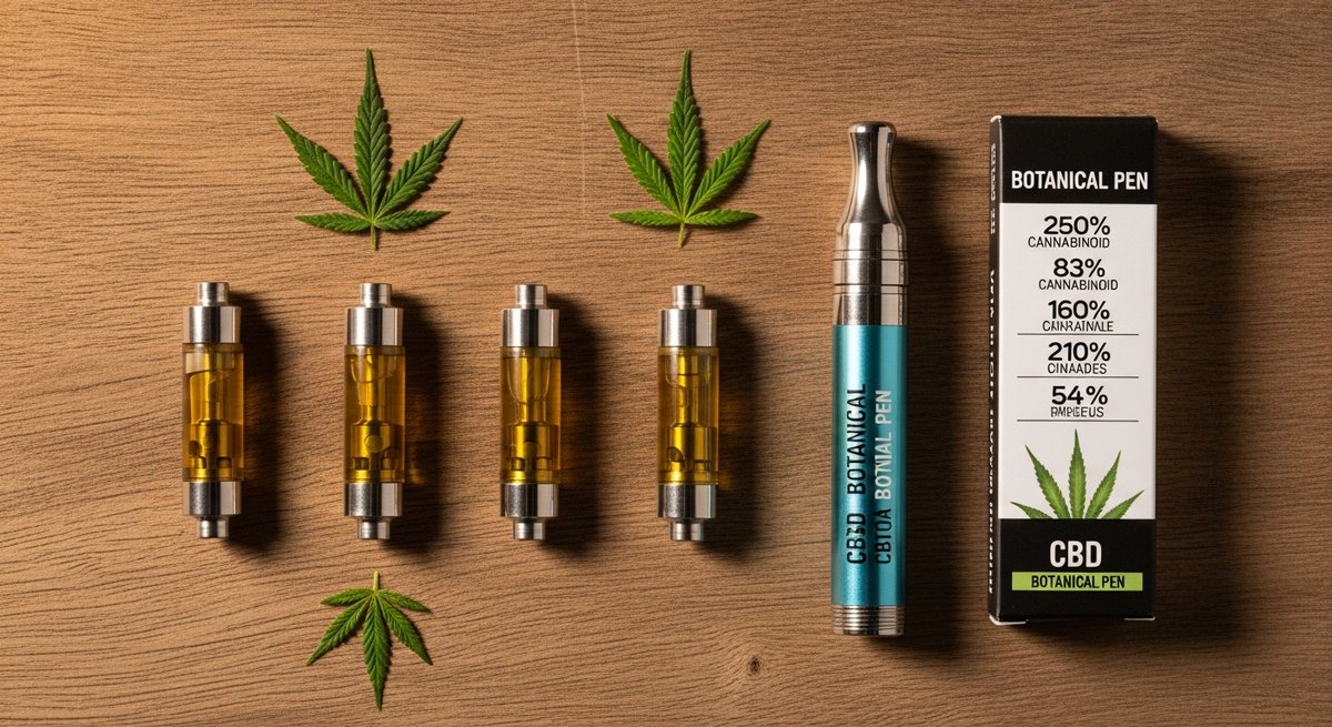 Social Anxiety and Vaping: What Products Actually Help 14 Flat-lay of CBD and cannabinoid vape cartridges with hemp specimens on a wooden surface in studio light