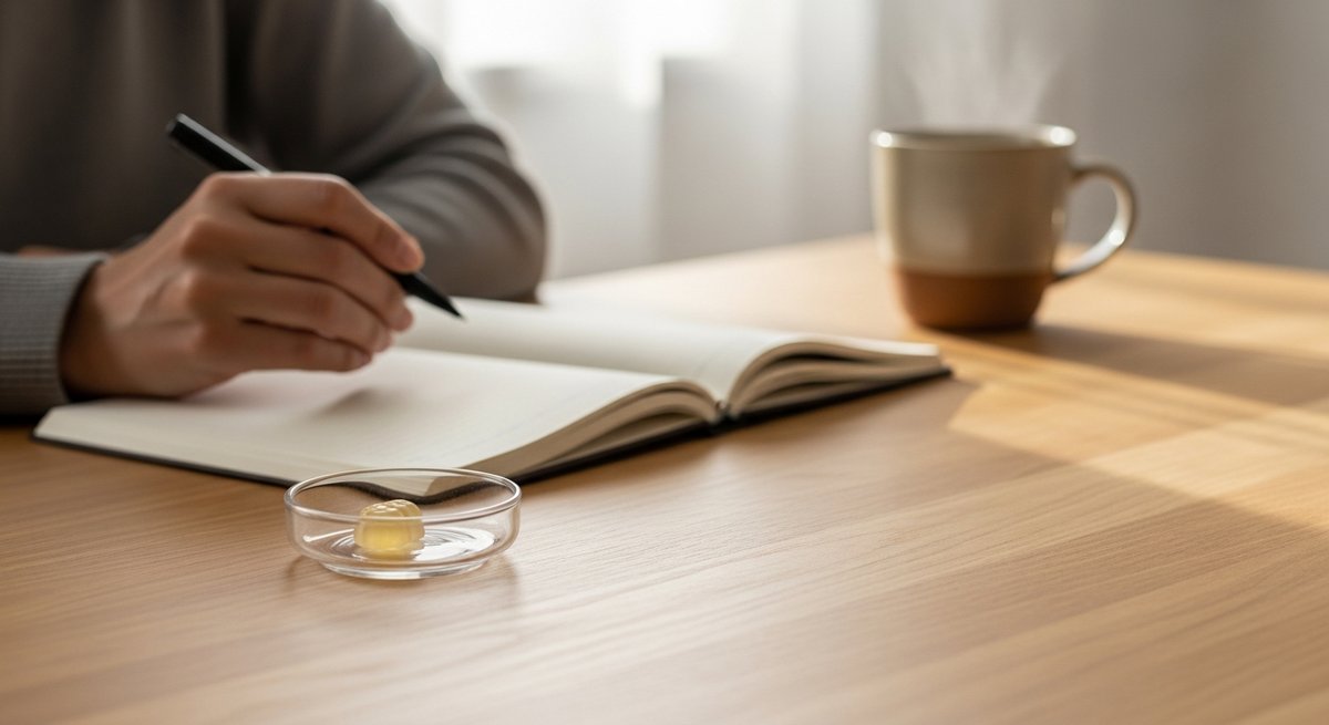 Best CBD Gummies for Pain Relief: Top Picks 15 Adult at a wooden desk with a single CBD gummy, open journal, and cup of tea in a calm morning wellness routine.