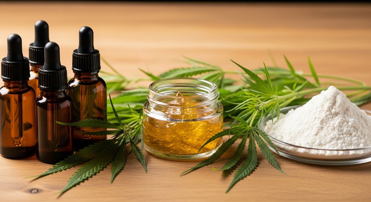 What is CBD? 12 Three types of CBD extract — full-spectrum tincture, broad-spectrum concentrate, and isolate powder — on a wood surface