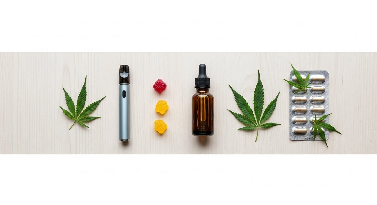 Does Vaping CBD Help With Anxiety? Here's What We Know 13 Flat-lay comparison of CBD vape pen, tincture, gummies, and capsules arranged on a wooden surface with hemp leaves