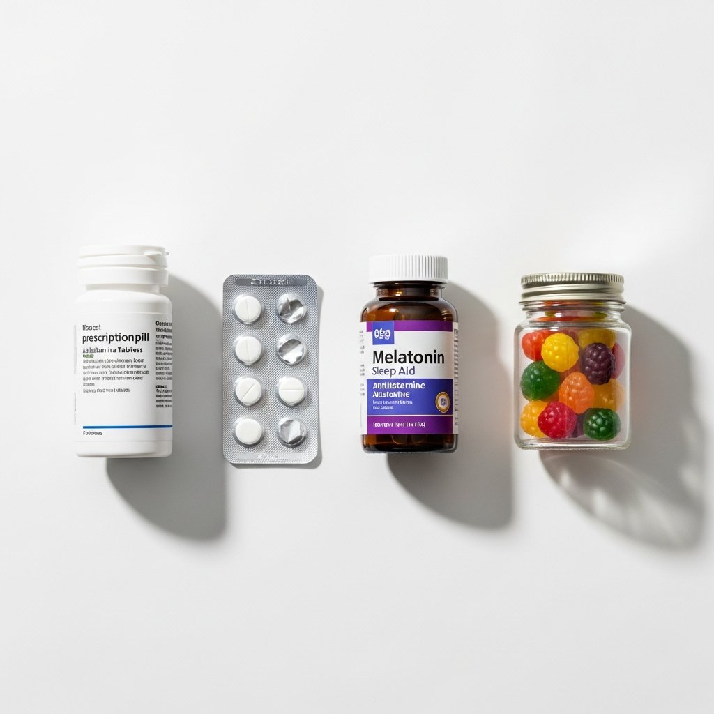 Best CBD Gummies for Sleep: A Complete Guide 9 Flat lay of various sleep aid options including pills and gummies arranged for comparison on a white surface.