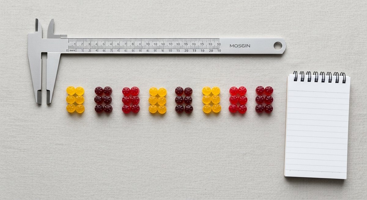 Best Gummies for Anxiety: CBD and THC Options Explained 14 Small groups of gummies portioned incrementally on linen with a measuring tool, representing mindful dosage consideration