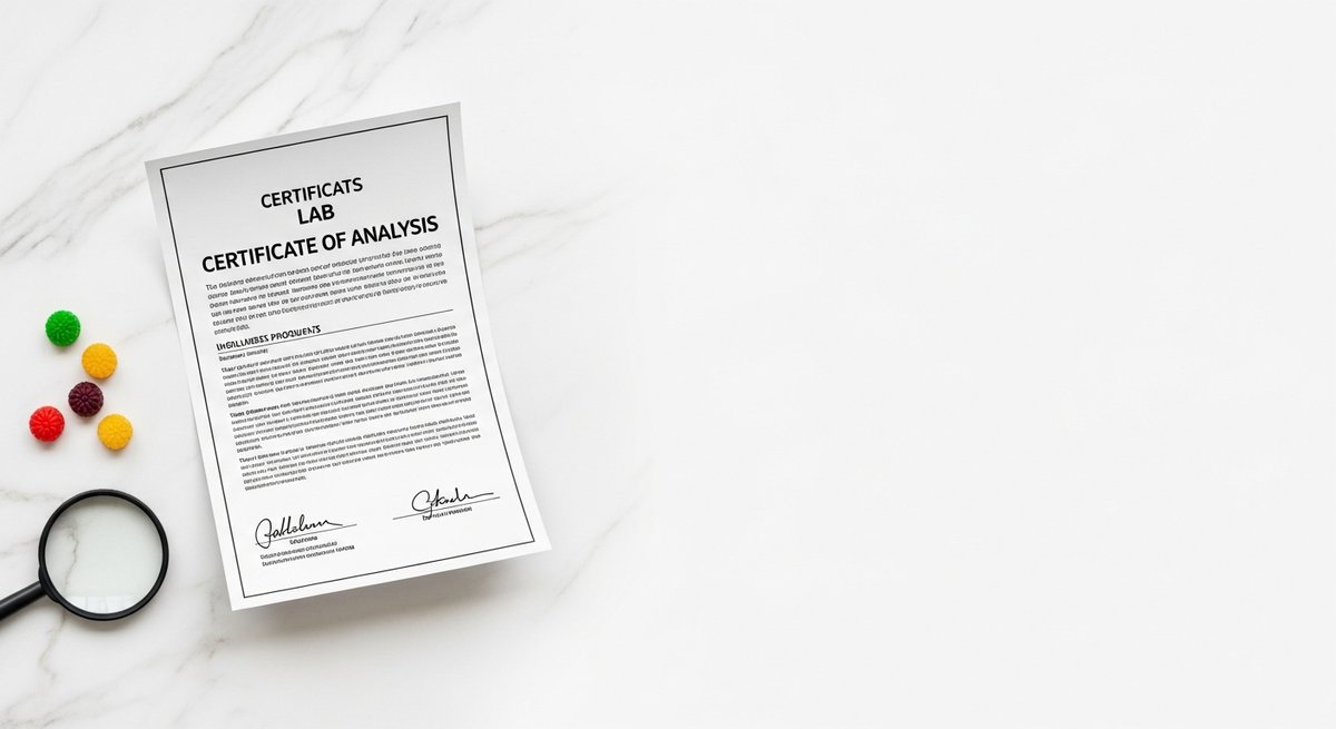 Best Gummies for Anxiety: CBD and THC Options Explained 18 Lab certificate of analysis document on marble surface beside CBD gummies and magnifying glass, emphasizing product transpare