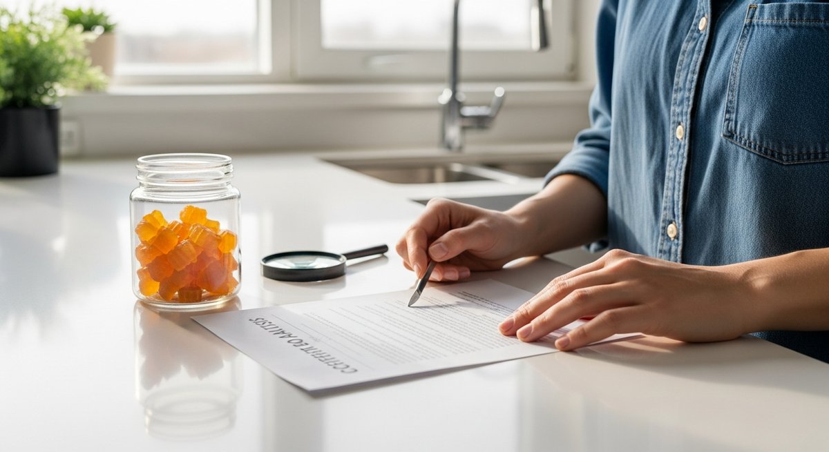 Best CBD Gummies for Pain Relief: Top Picks 12 Adult reading a lab certificate of analysis document beside a jar of CBD gummies on a bright kitchen counter.