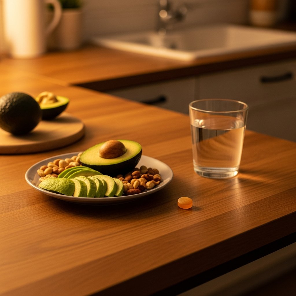 Best CBD Gummies for Sleep: A Complete Guide 12 Evening kitchen table with healthy fatty snacks, water, and a CBD gummy illustrating optimal timing and food pairing.