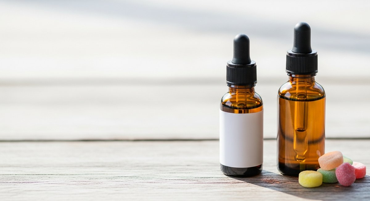 Best Gummies for Focus: CBD and Low-Dose THC Options 13 CBD and low-dose THC product bottles beside gummies on a wood surface illustrating combined focus formulations