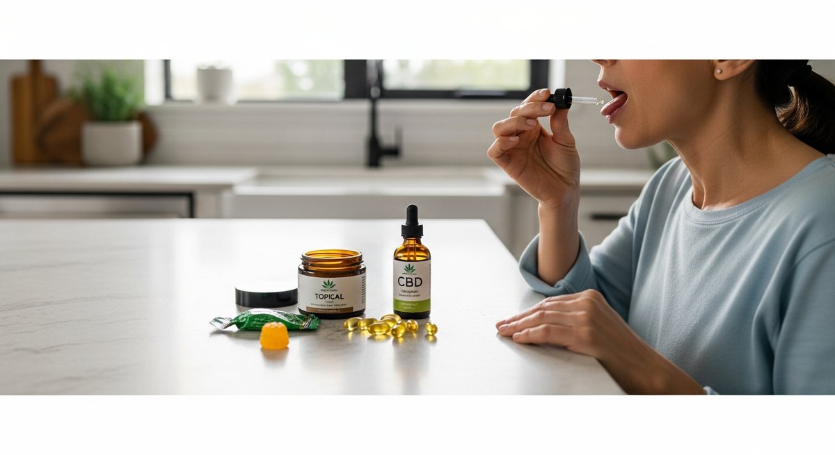 What is CBD? 14 Variety of CBD product formats including oil dropper, capsules, topical cream, and gummies on a kitchen counter