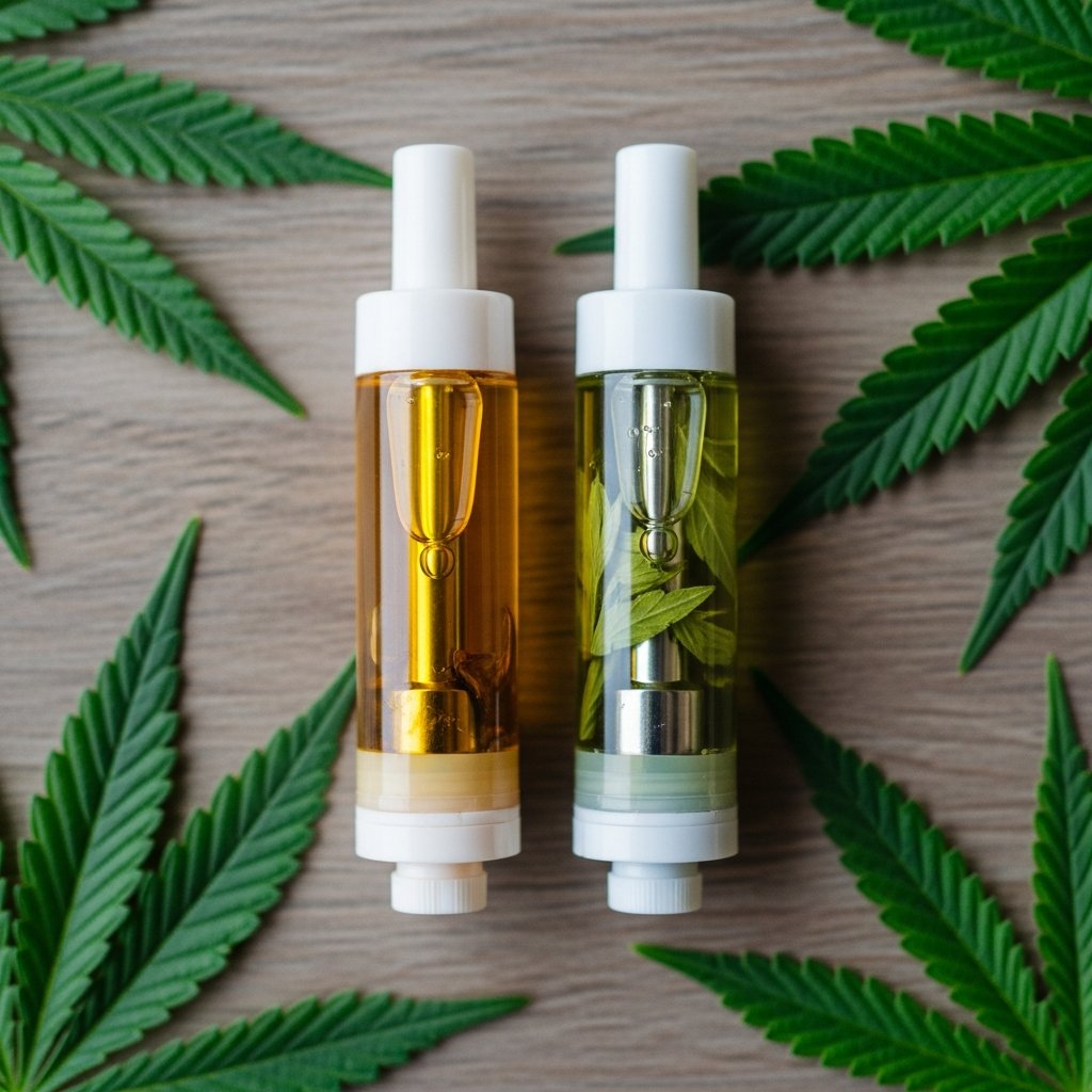 CBD Vape vs THC Vape for Sleep: Which One Is Right for You? 9 Two vape cartridges placed side by side with hemp leaves, representing the combination of CBD and THC compounds.